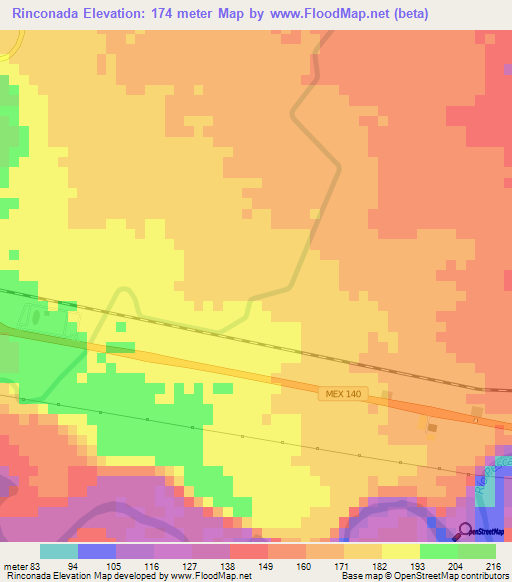 Rinconada,Mexico Elevation Map