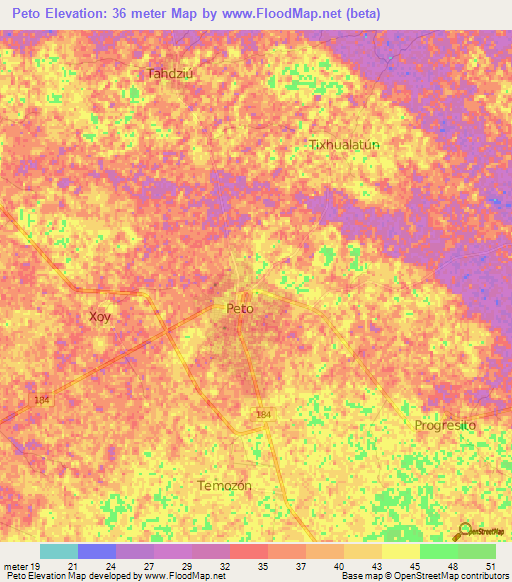 Peto,Mexico Elevation Map