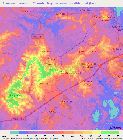 Oteapan,Mexico Elevation Map