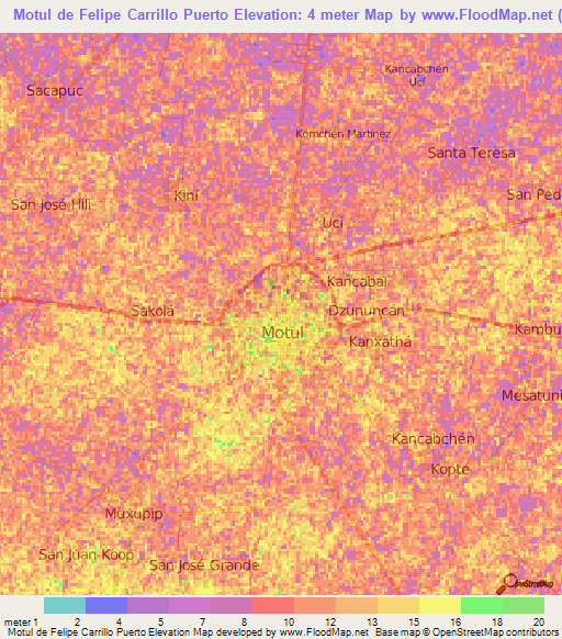 Motul de Felipe Carrillo Puerto,Mexico Elevation Map