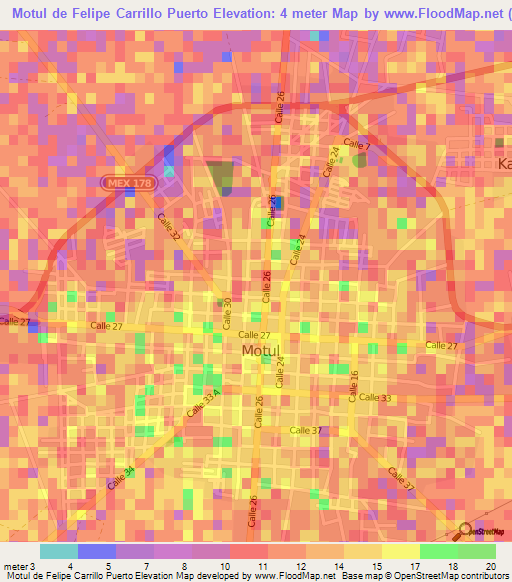 Motul de Felipe Carrillo Puerto,Mexico Elevation Map