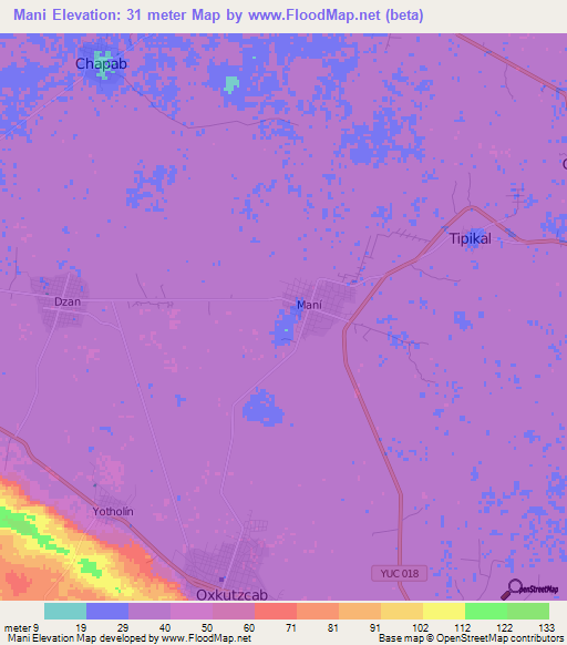 Mani,Mexico Elevation Map