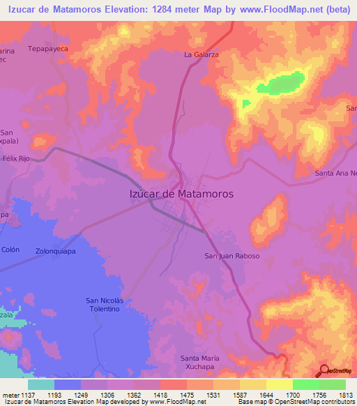 Izucar de Matamoros,Mexico Elevation Map