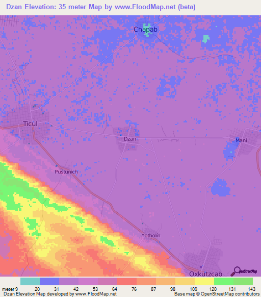 Dzan,Mexico Elevation Map