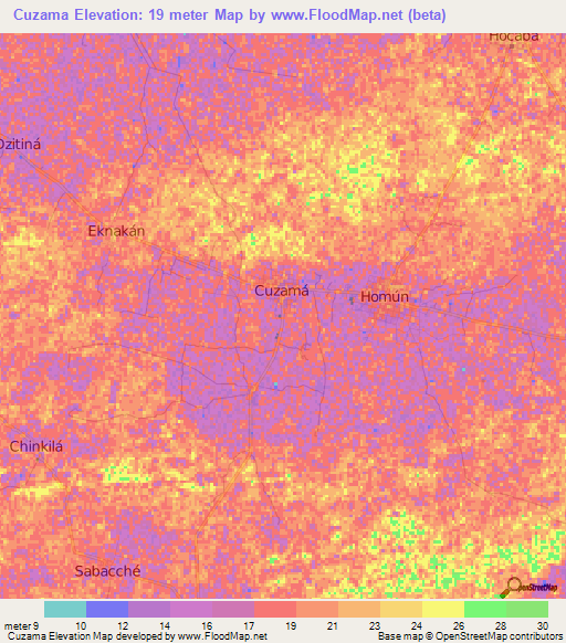 Cuzama,Mexico Elevation Map