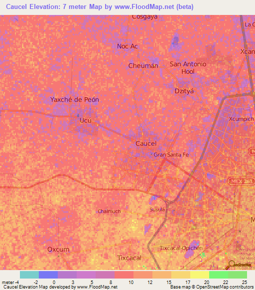 Caucel,Mexico Elevation Map