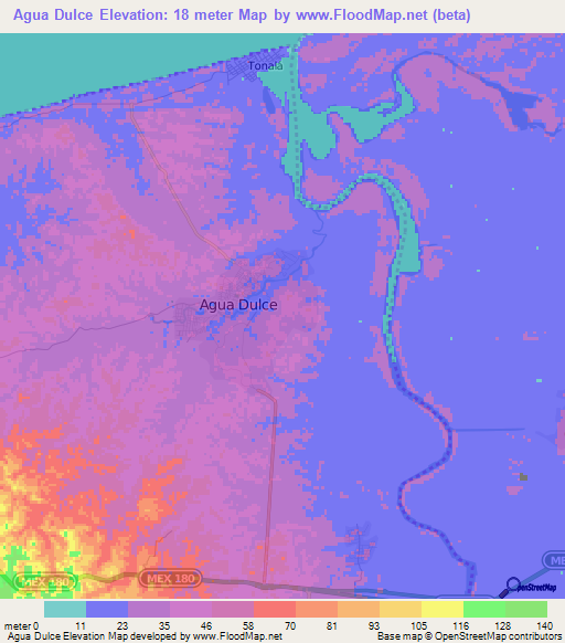 Agua Dulce,Mexico Elevation Map