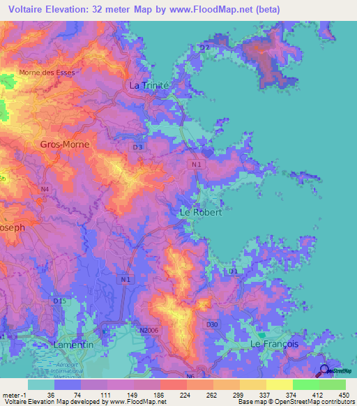 Voltaire,Martinique Elevation Map