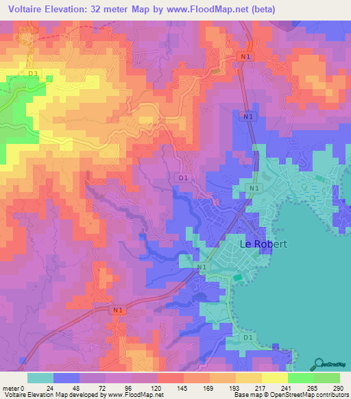 Voltaire,Martinique Elevation Map