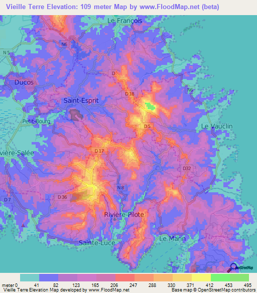 Vieille Terre,Martinique Elevation Map