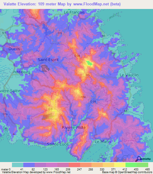 Valatte,Martinique Elevation Map