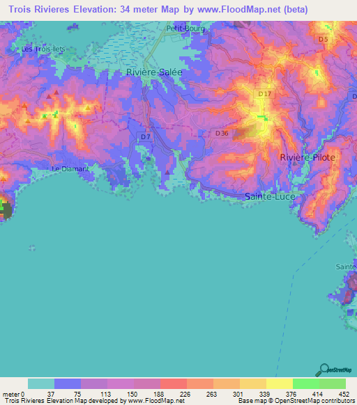 Trois Rivieres,Martinique Elevation Map