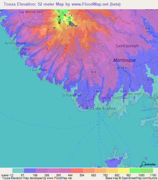 Touza,Martinique Elevation Map