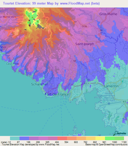 Tourtet,Martinique Elevation Map