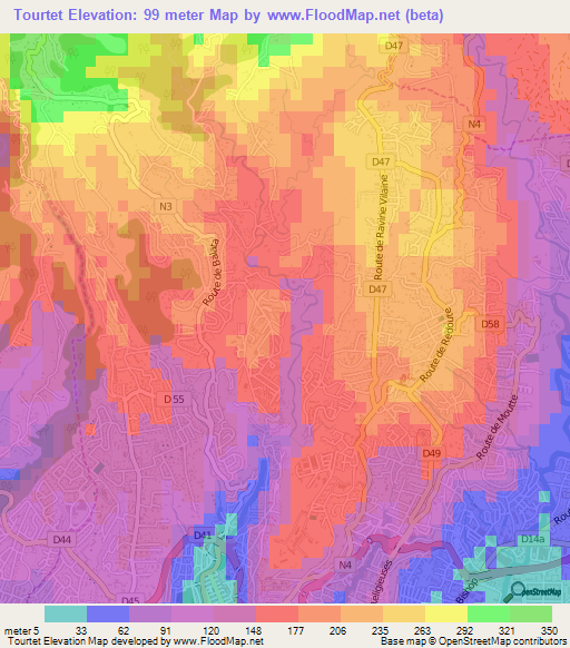 Tourtet,Martinique Elevation Map