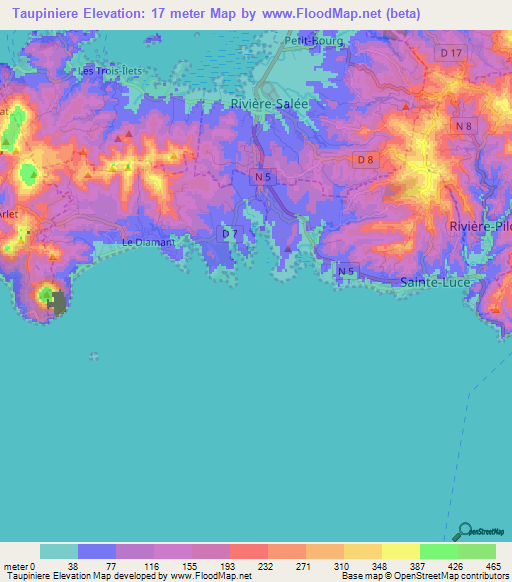 Taupiniere,Martinique Elevation Map