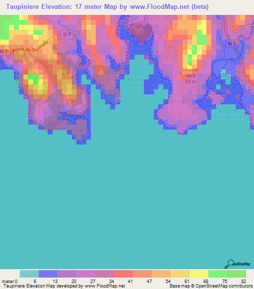 Taupiniere,Martinique Elevation Map