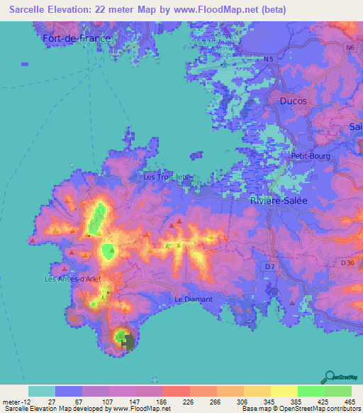 Sarcelle,Martinique Elevation Map