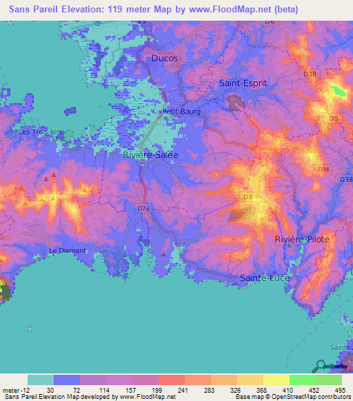 Sans Pareil,Martinique Elevation Map