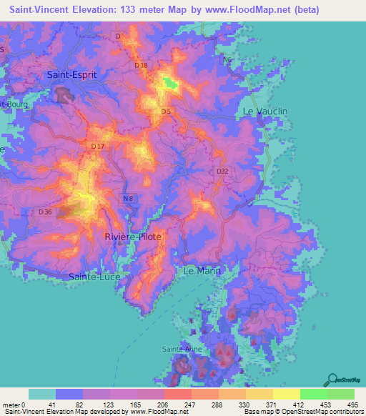 Saint-Vincent,Martinique Elevation Map