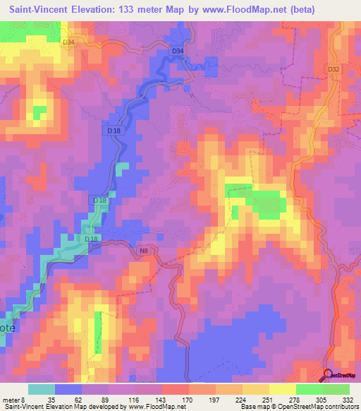 Saint-Vincent,Martinique Elevation Map