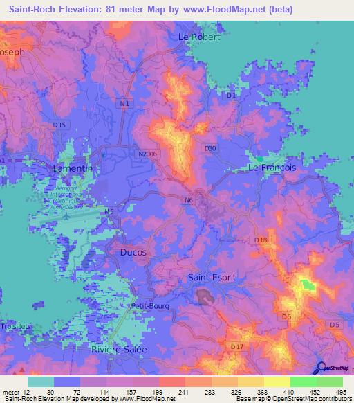 Saint-Roch,Martinique Elevation Map