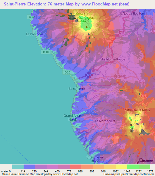 Saint-Pierre,Martinique Elevation Map