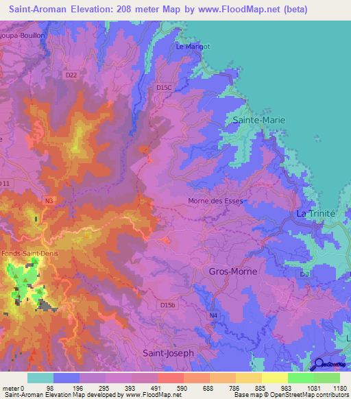 Saint-Aroman,Martinique Elevation Map