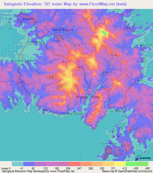 Saingaule,Martinique Elevation Map