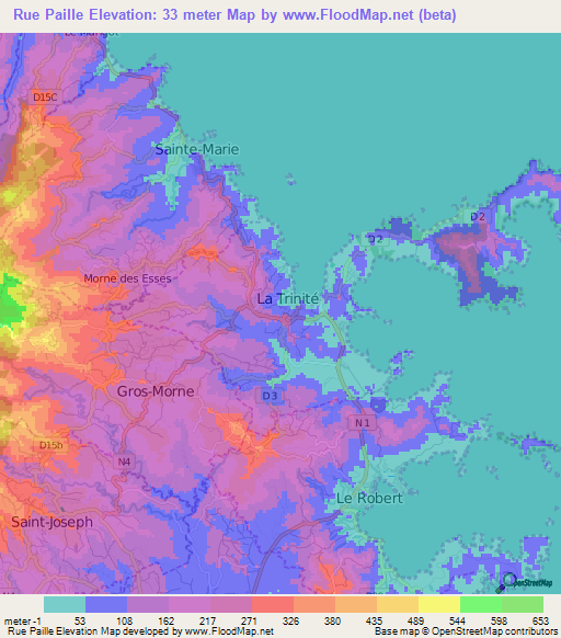 Rue Paille,Martinique Elevation Map