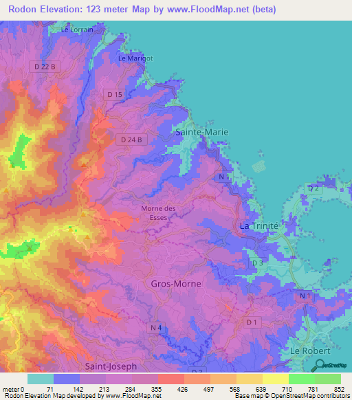 Rodon,Martinique Elevation Map