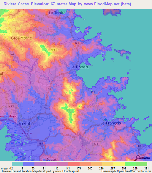 Riviere Cacao,Martinique Elevation Map