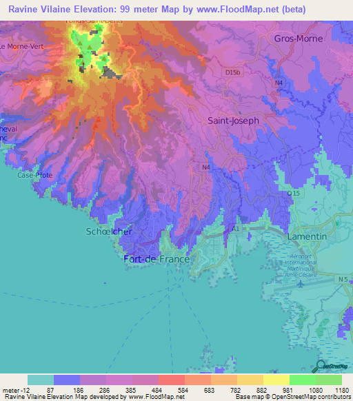 Ravine Vilaine,Martinique Elevation Map