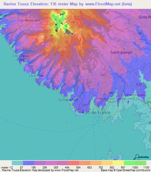 Ravine Touza,Martinique Elevation Map