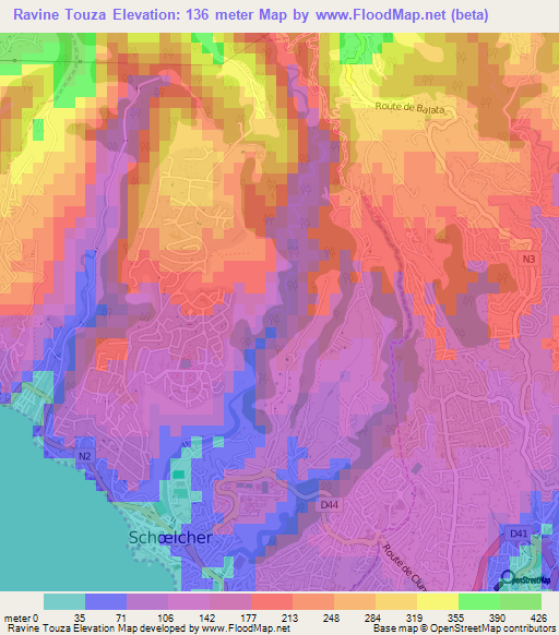 Ravine Touza,Martinique Elevation Map