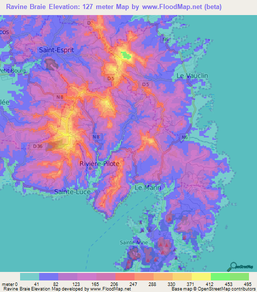 Ravine Braie,Martinique Elevation Map