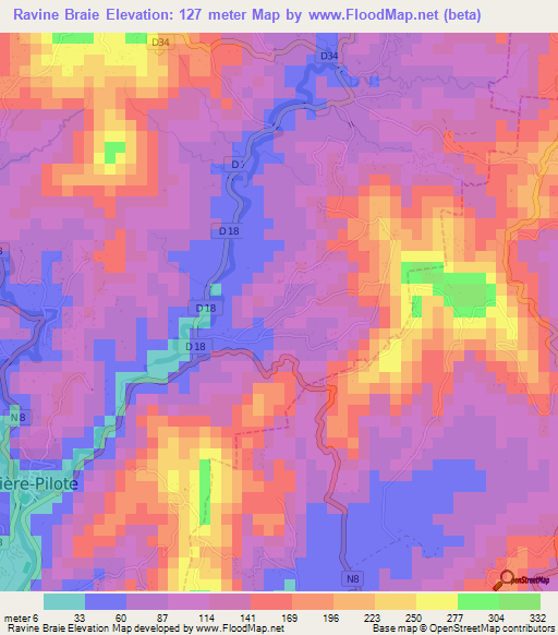 Ravine Braie,Martinique Elevation Map