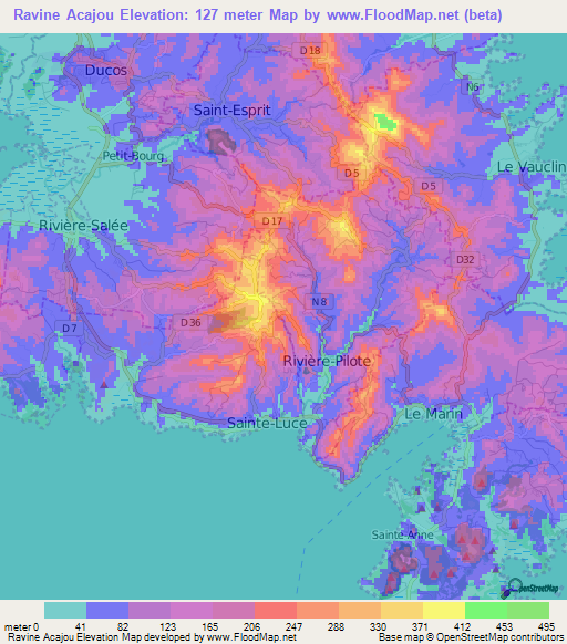 Ravine Acajou,Martinique Elevation Map