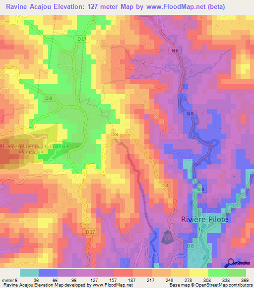 Ravine Acajou,Martinique Elevation Map