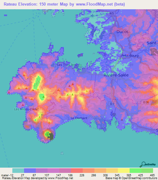 Rateau,Martinique Elevation Map