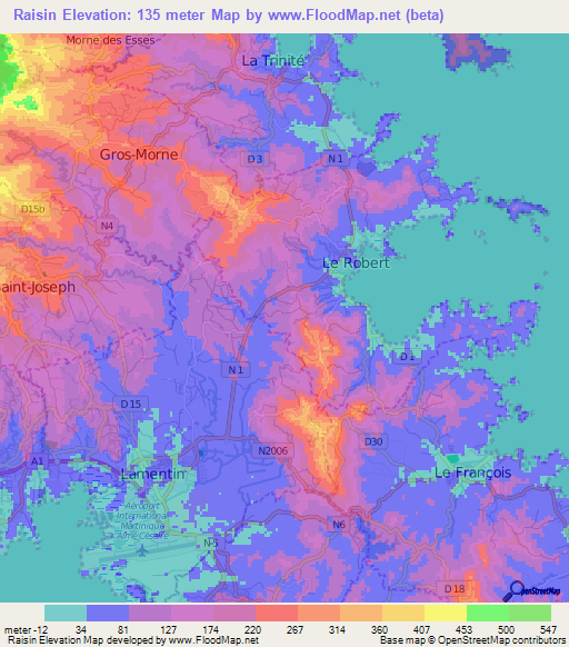 Raisin,Martinique Elevation Map