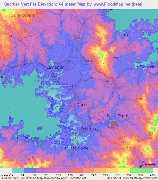 Quartier Vert-Pre,Martinique Elevation Map