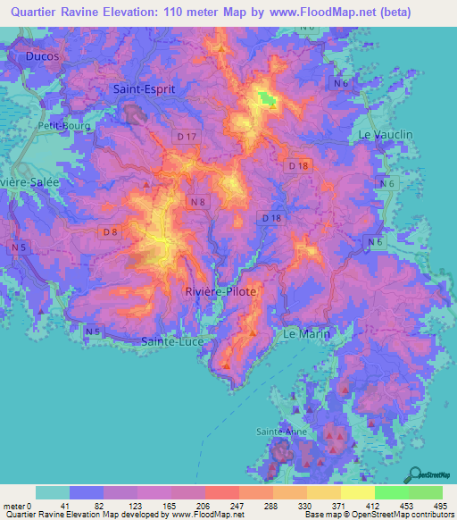 Quartier Ravine,Martinique Elevation Map