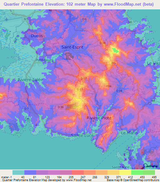 Quartier Prefontaine,Martinique Elevation Map