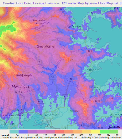 Quartier Poix Doux Bocage,Martinique Elevation Map