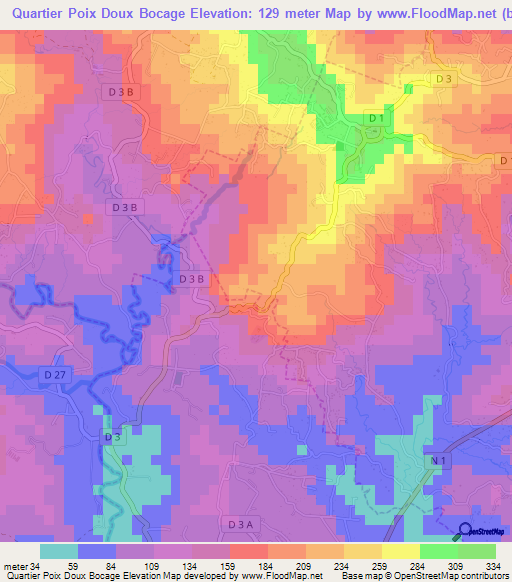 Quartier Poix Doux Bocage,Martinique Elevation Map