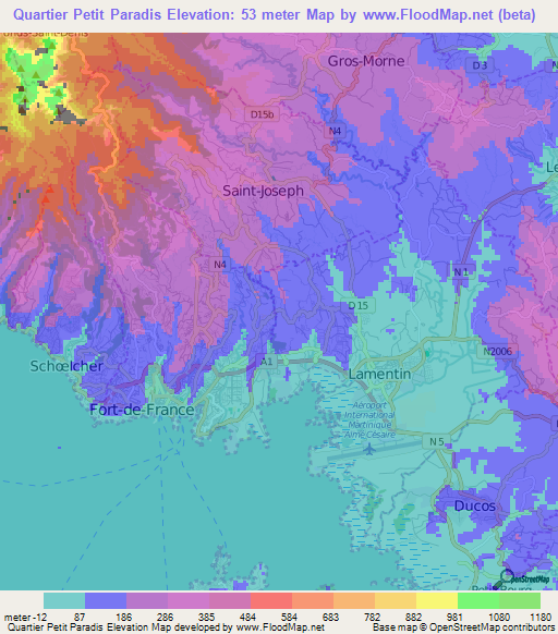 Quartier Petit Paradis,Martinique Elevation Map