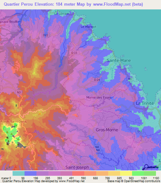 Quartier Perou,Martinique Elevation Map