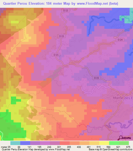 Quartier Perou,Martinique Elevation Map