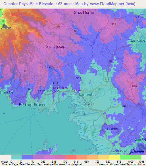 Quartier Pays Mele,Martinique Elevation Map